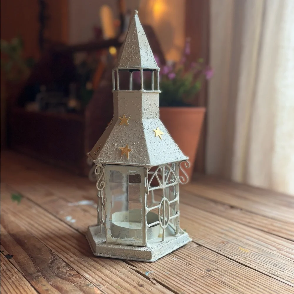 Handcrafted Cream Tea Light Lantern with Star Accents